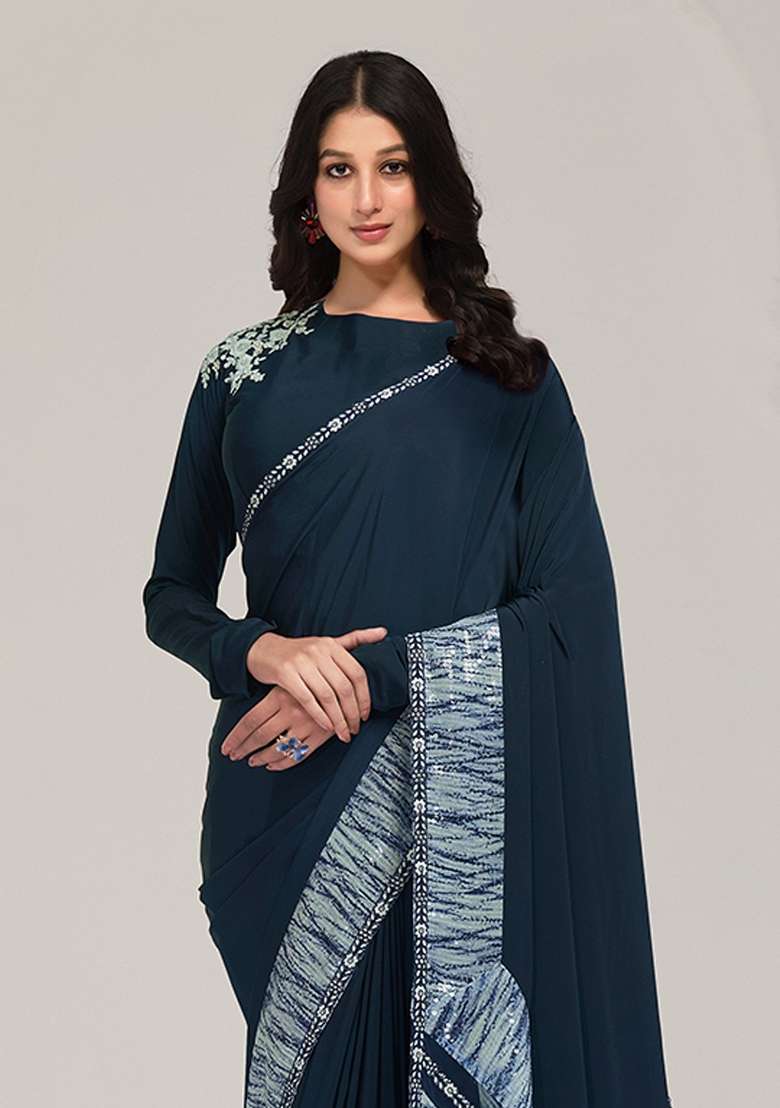 Blue Embroidered Crepe Saree Set - Indya