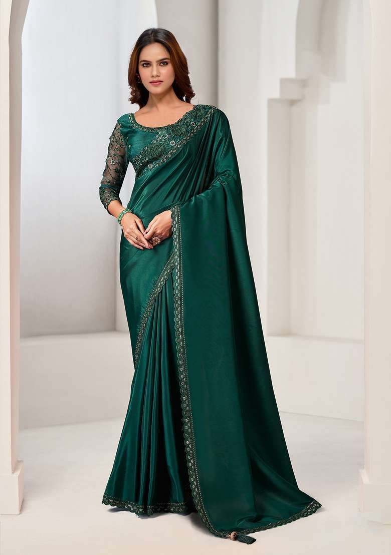 Green Embroidered Crepe Saree Set - Indya