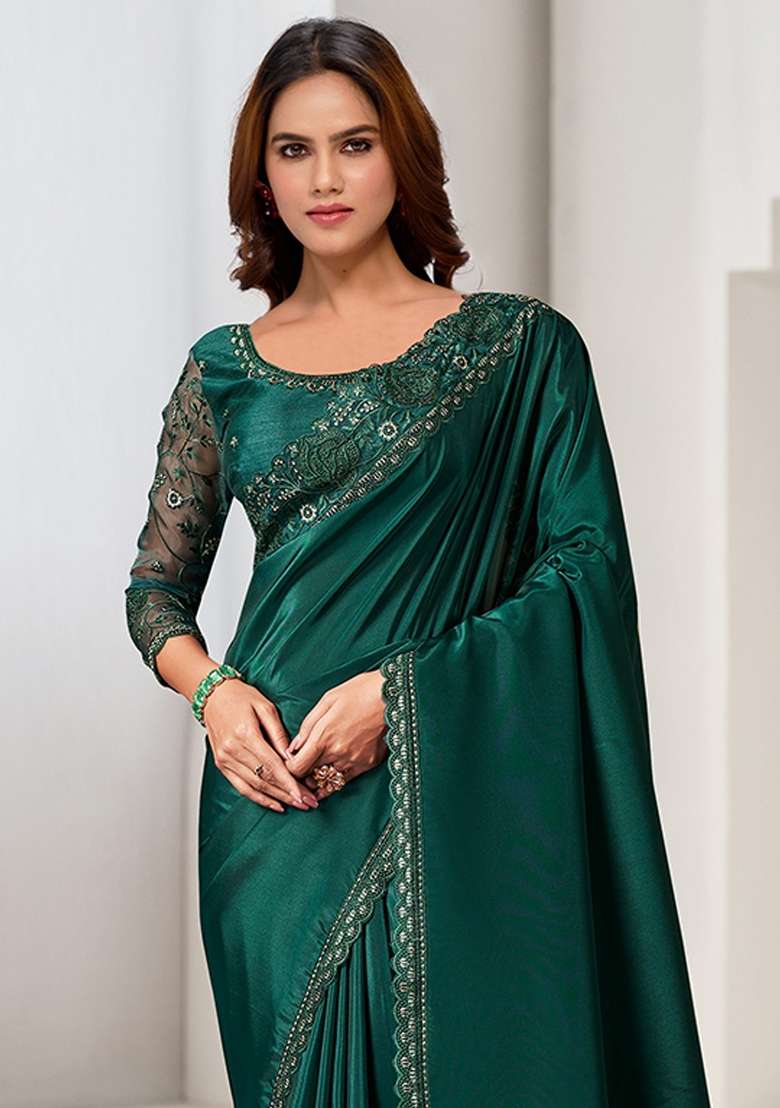 Green Embroidered Crepe Saree Set - Indya