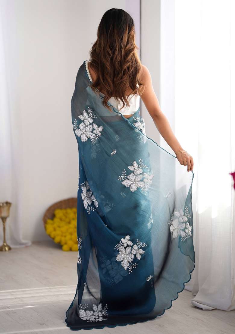 Blue Embroidered Blended Saree Set - Indya
