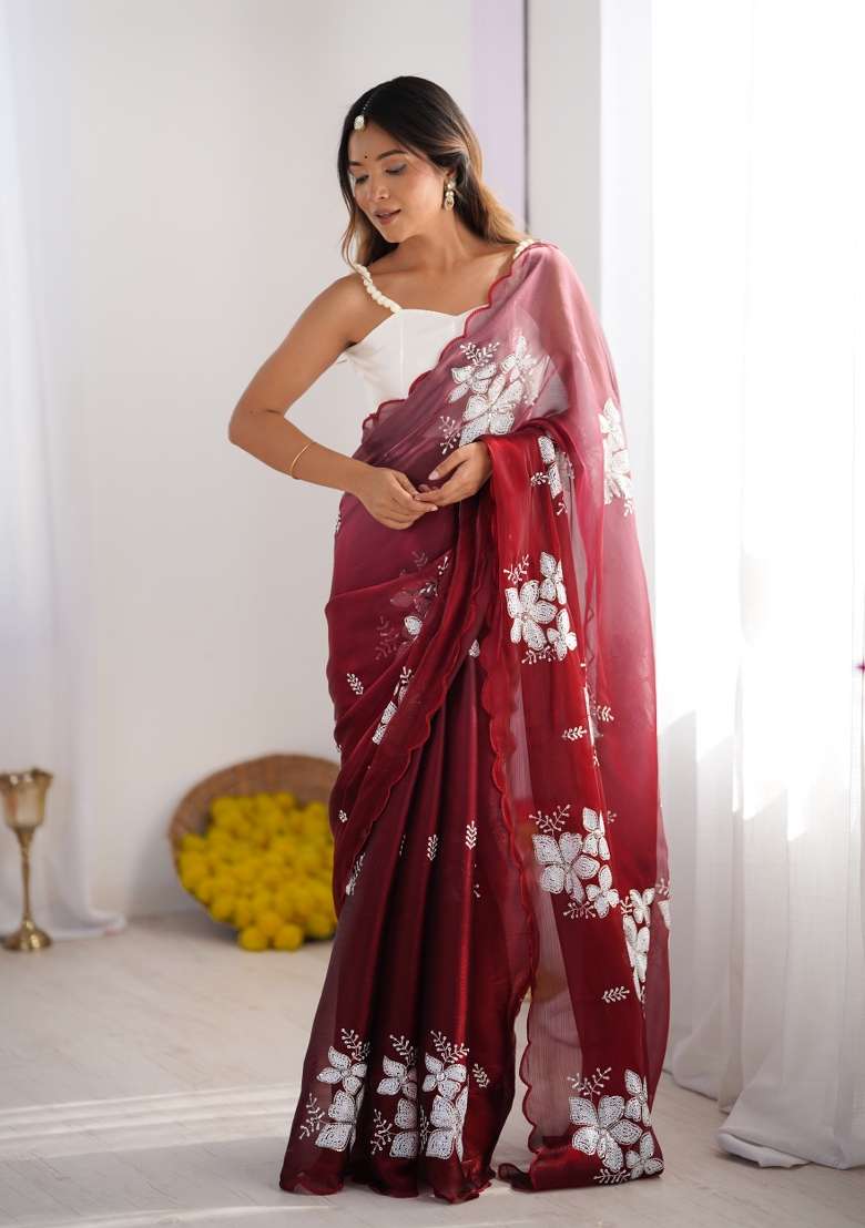 Wine Embroidered Blended Saree Set - Indya