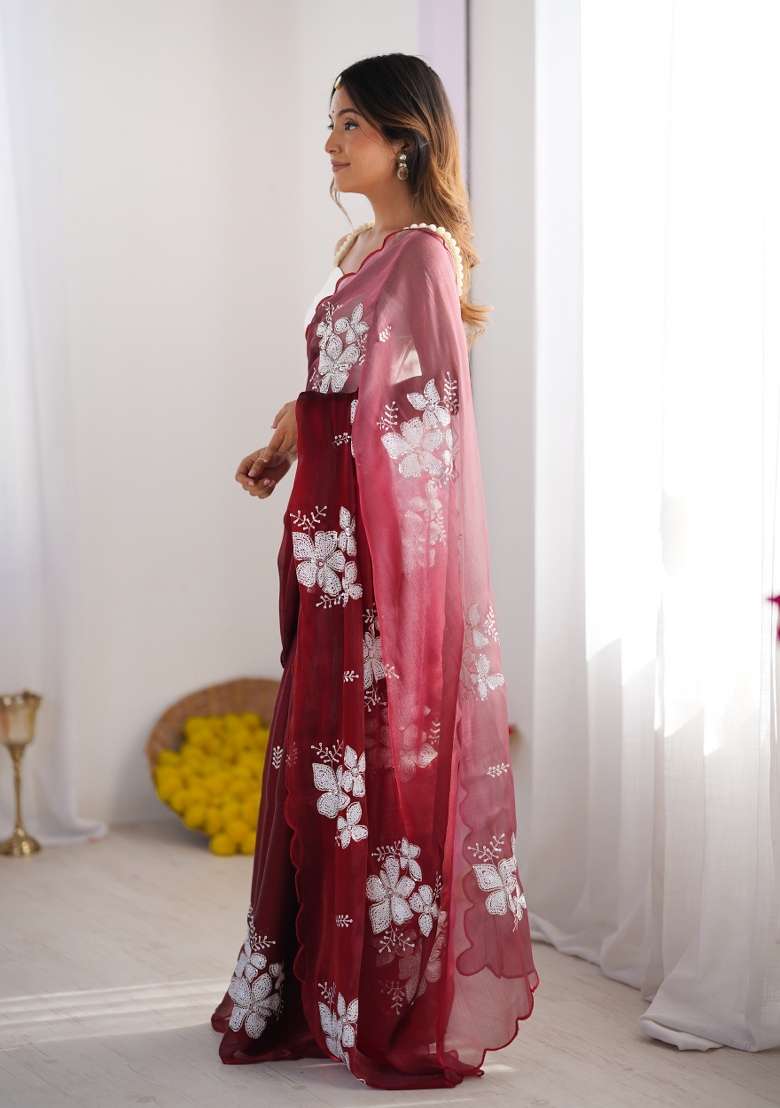 Wine Embroidered Blended Saree Set - Indya