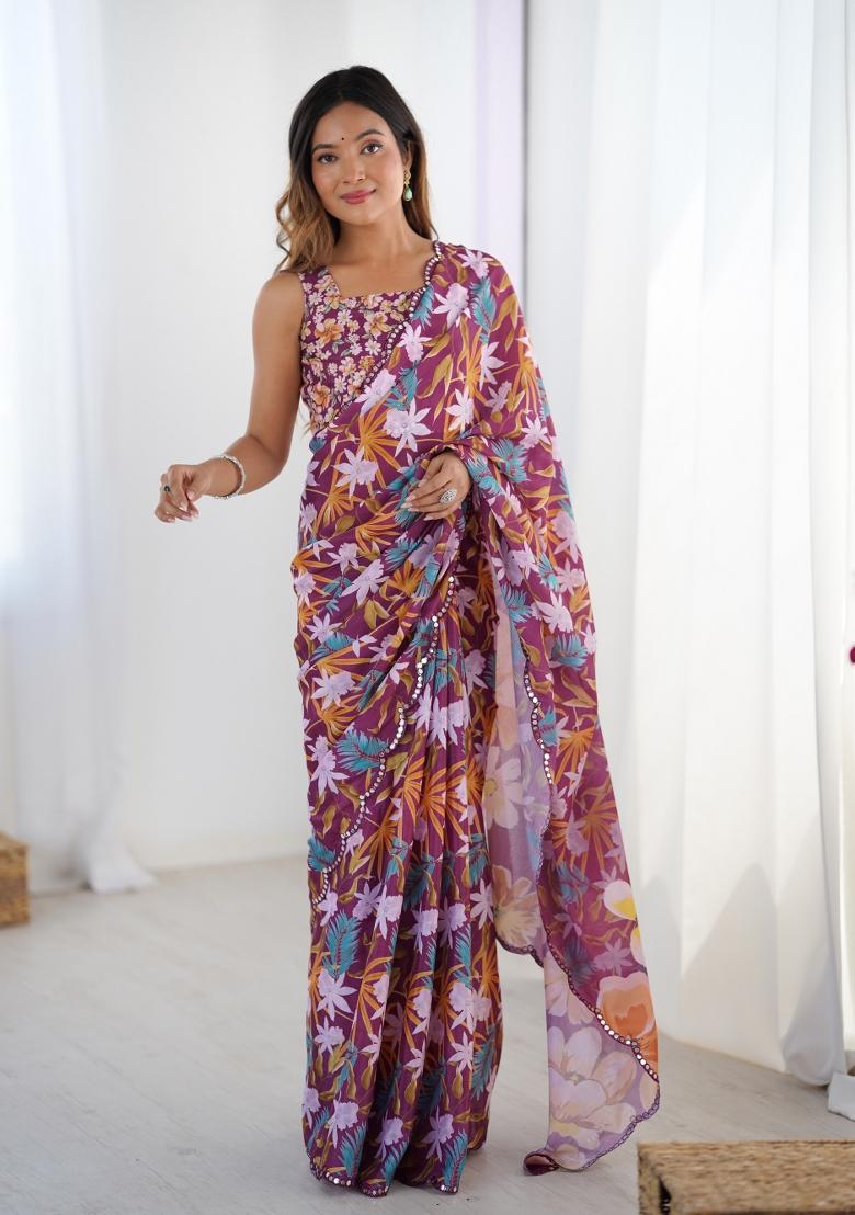 Wine Embroidered Chinon Saree Set