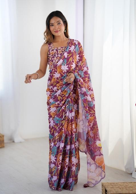 Wine Embroidered Chinon Saree Set