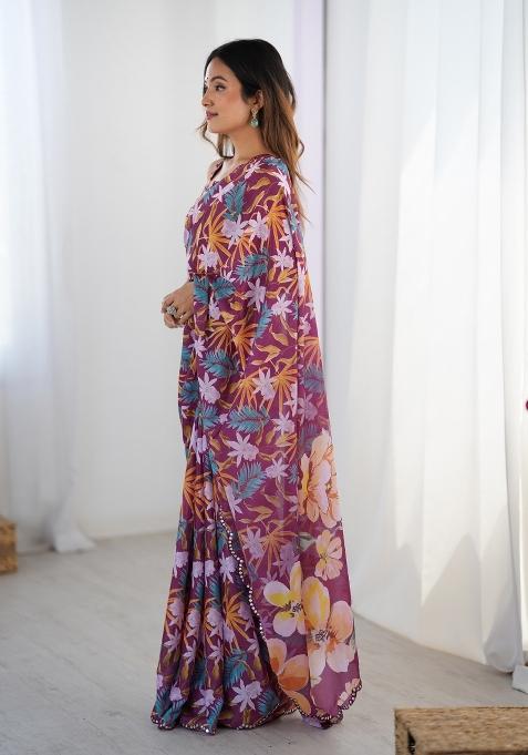 Wine Embroidered Chinon Saree Set