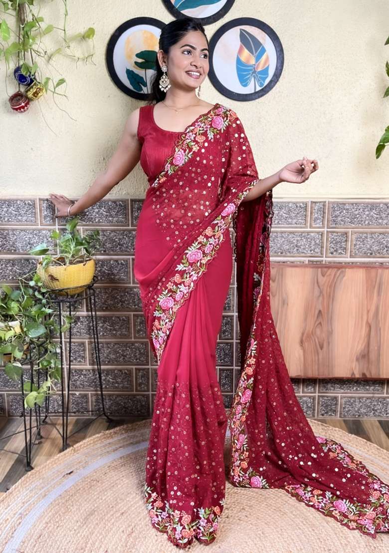 Maroon Embroidered Georgette Saree Set - Indya