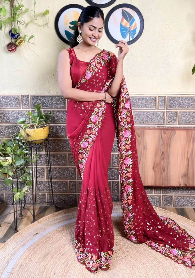 Maroon Embroidered Georgette Saree Set - Indya