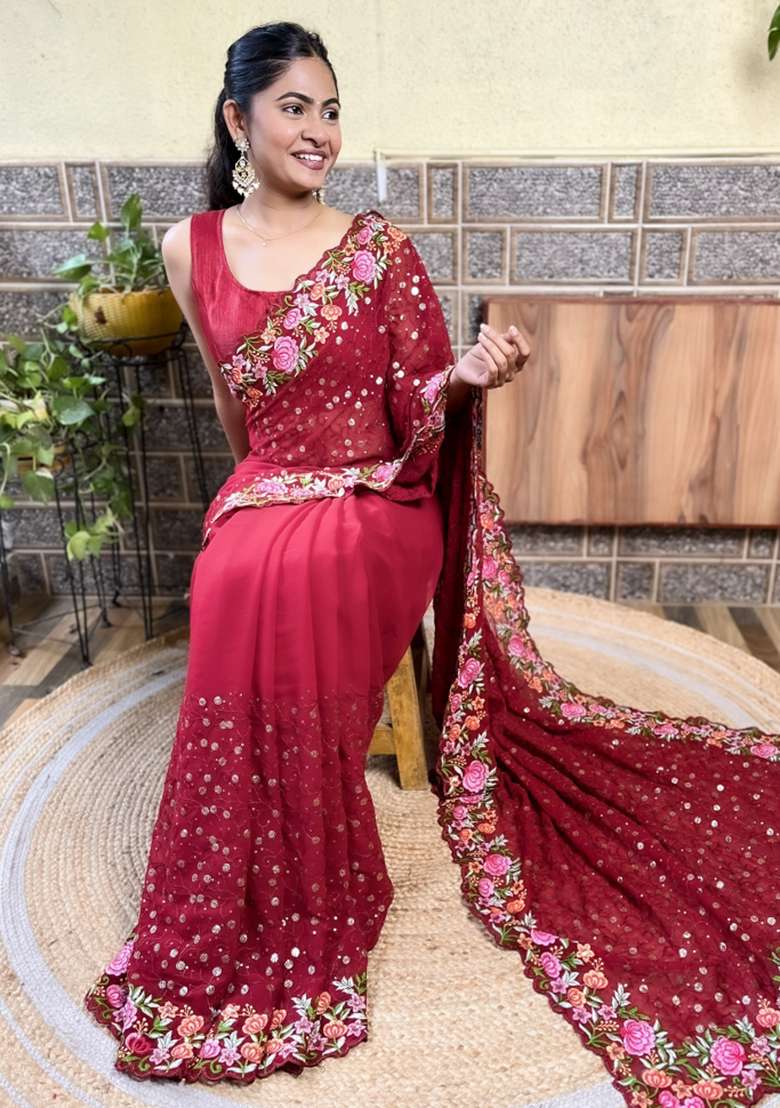Maroon Embroidered Georgette Saree Set - Indya