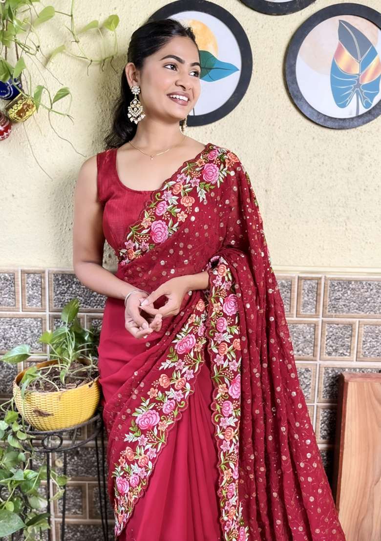 Maroon Embroidered Georgette Saree Set - Indya