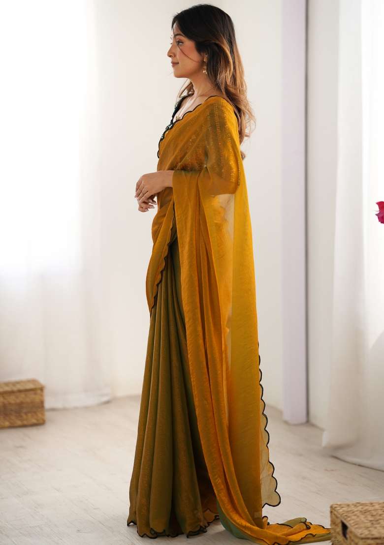 Yellow Embroidered Chiffon Saree Set - Indya