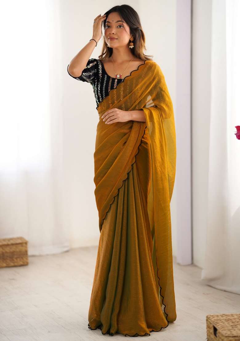 Yellow Embroidered Chiffon Saree Set - Indya