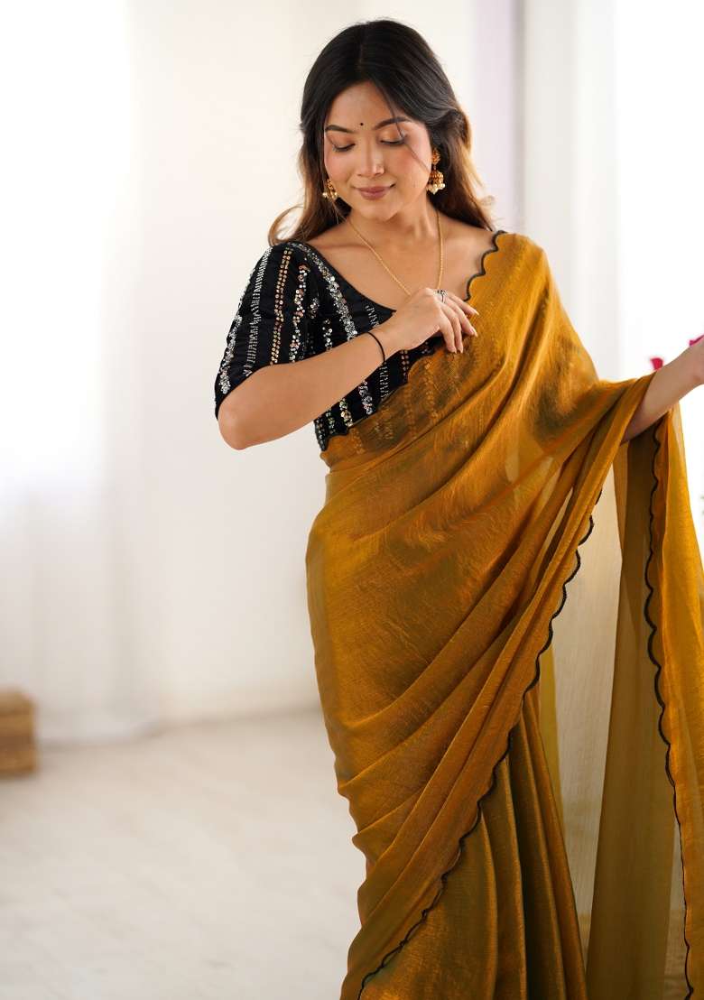 Yellow Embroidered Chiffon Saree Set - Indya