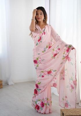 Pink Embroidered Chinon Saree Set