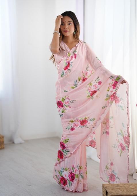 Pink Embroidered Chinon Saree Set