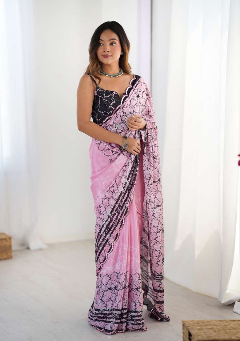 Pink Embroidered Chinon Saree Set - Indya