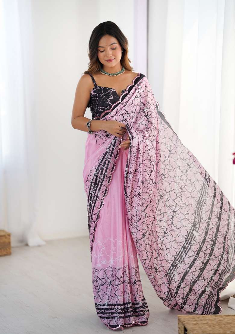Pink Embroidered Chinon Saree Set - Indya