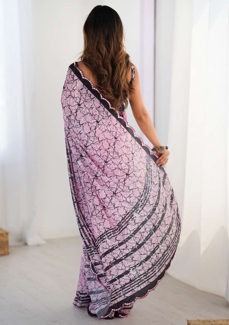 Pink Embroidered Chinon Saree Set - Indya
