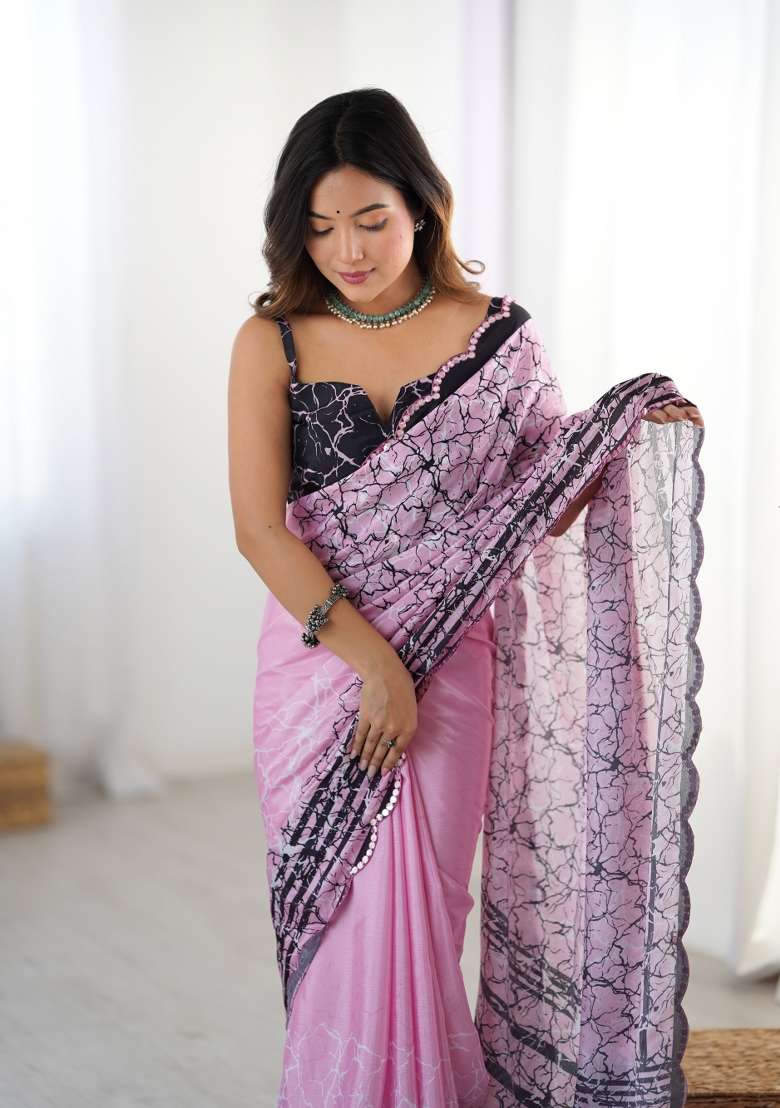 Pink Embroidered Chinon Saree Set - Indya