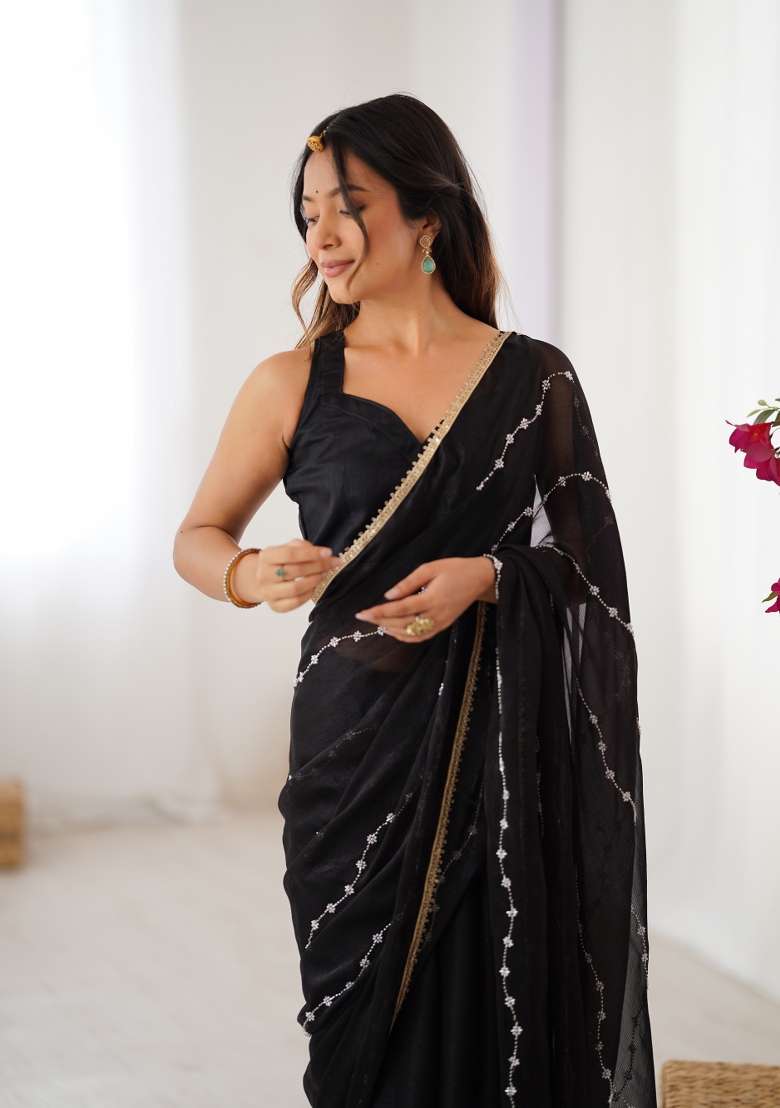 Black Embroidered Sitara Chiffon Saree Set - Indya