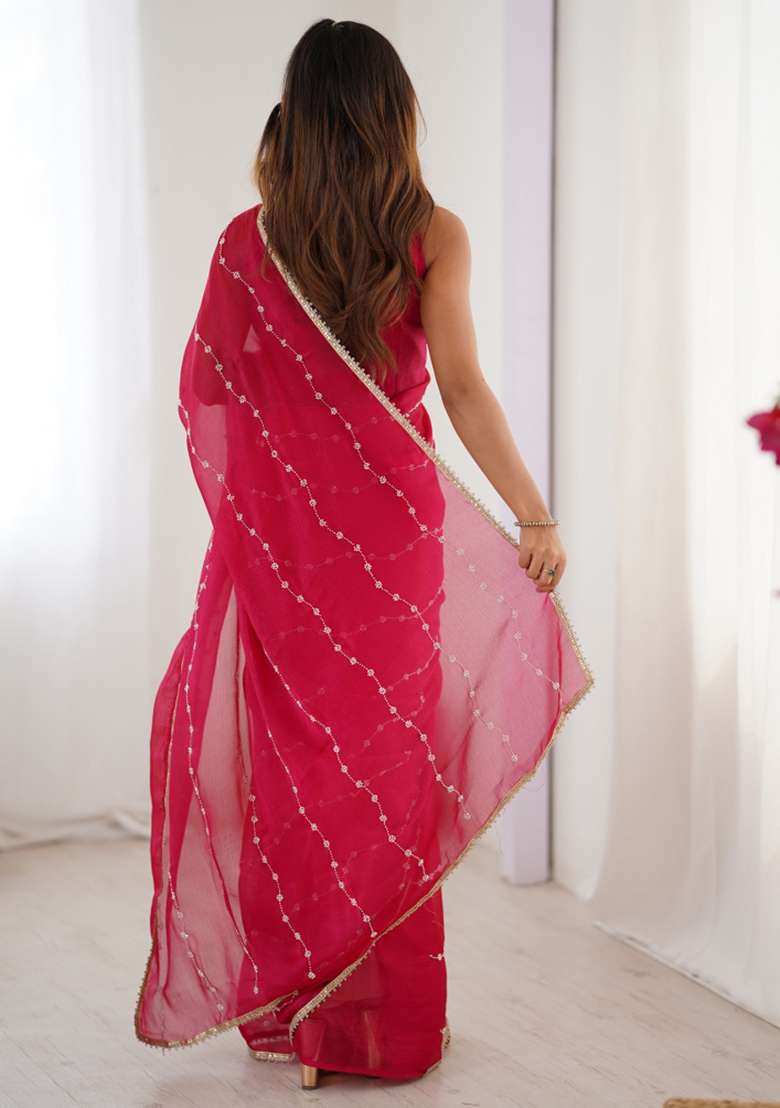 Pink Embroidered Sitara Chiffon Saree Set - Indya