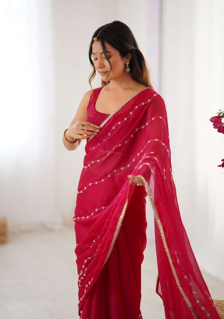 Pink Embroidered Sitara Chiffon Saree Set - Indya