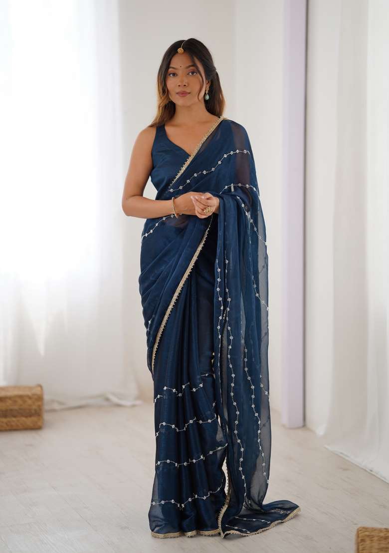 Blue Embroidered Sitara Chiffon Saree Set - Indya