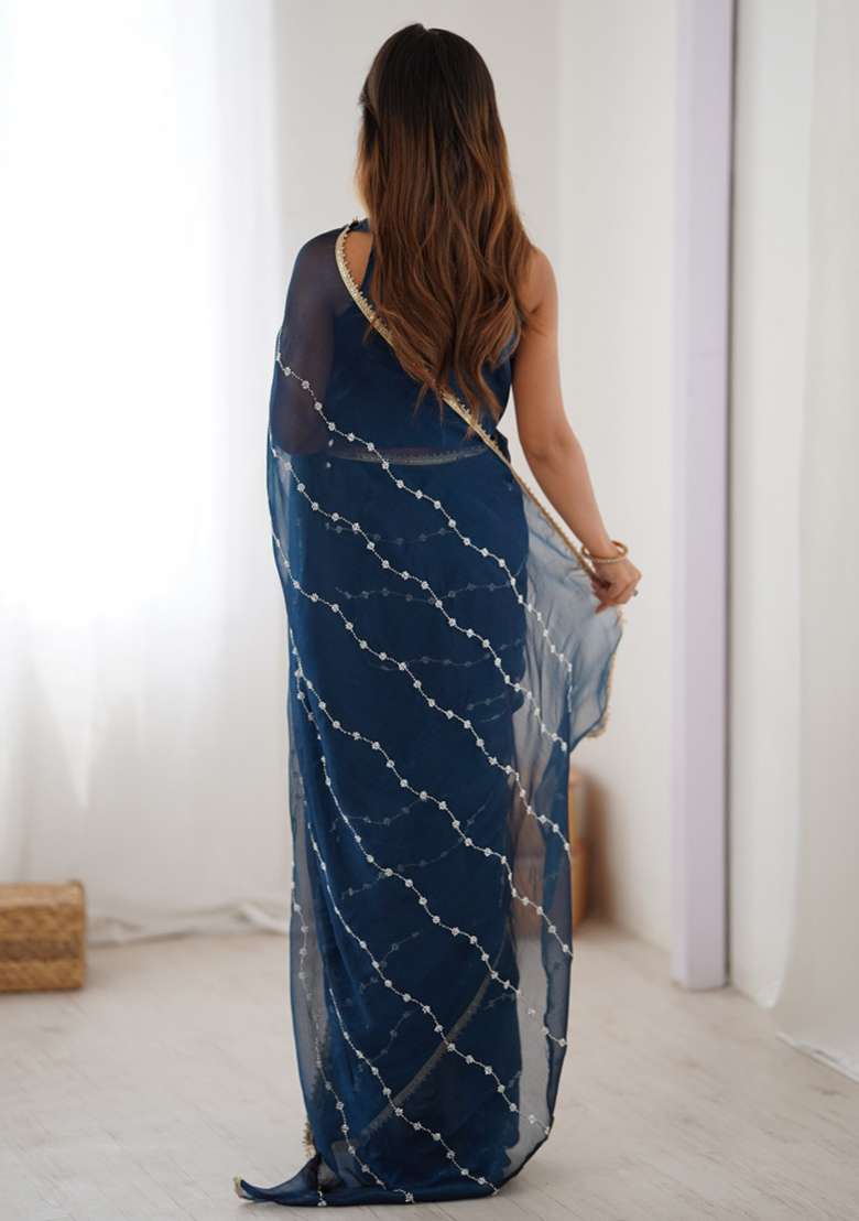 Blue Embroidered Sitara Chiffon Saree Set - Indya