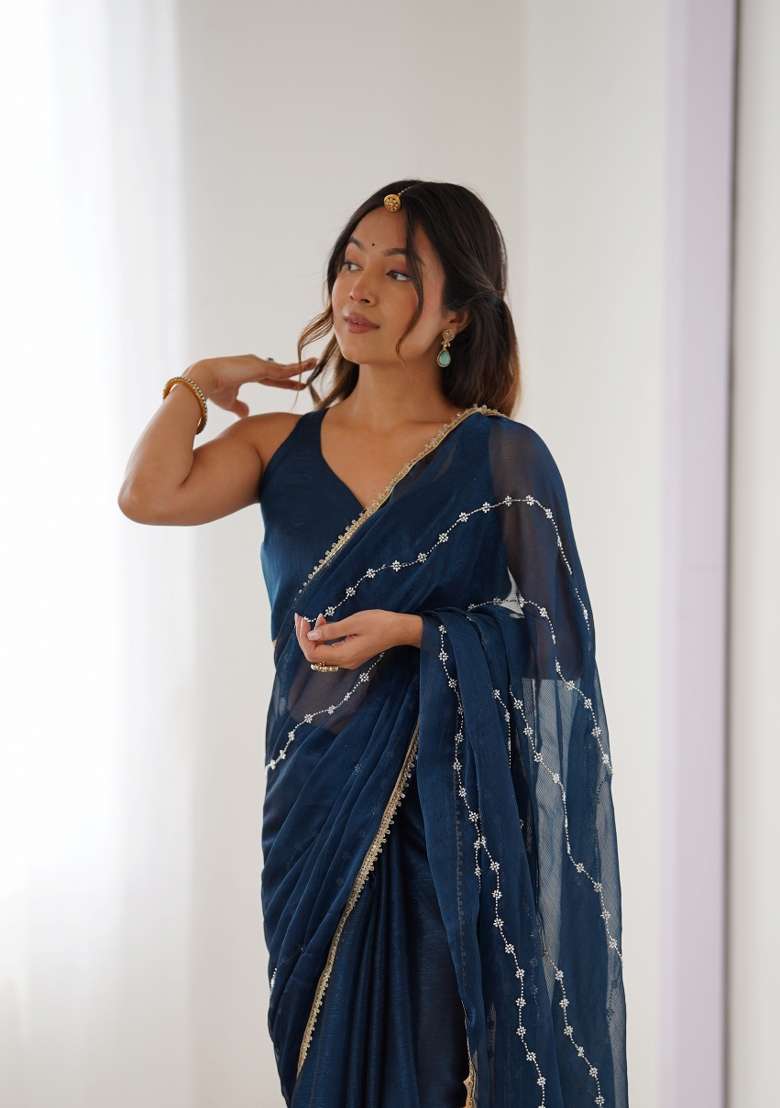 Blue Embroidered Sitara Chiffon Saree Set - Indya