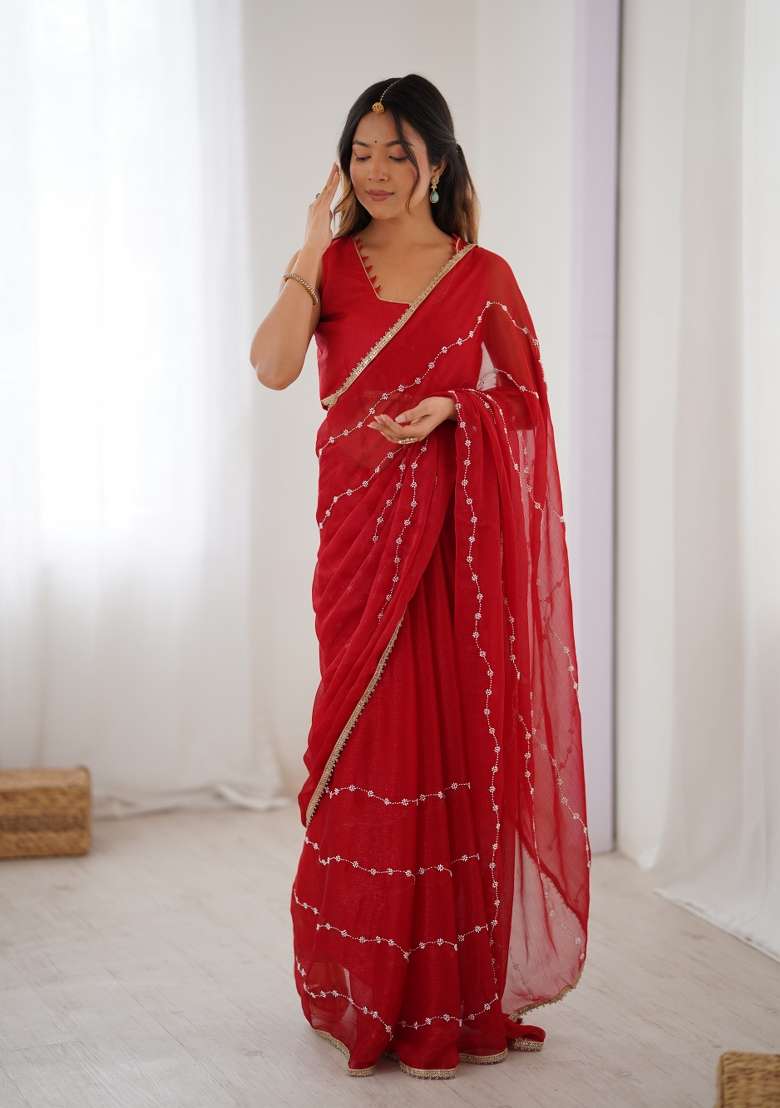 Red Embroidered Sitara Chiffon Saree Set - Indya