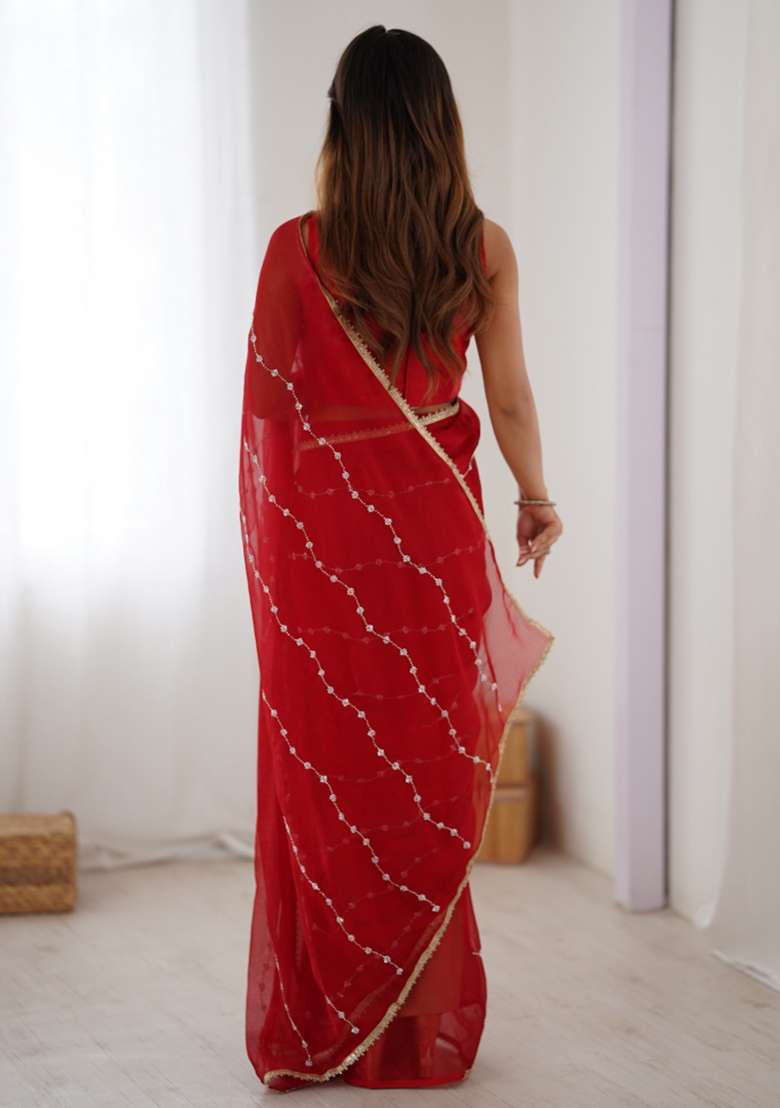 Red Embroidered Sitara Chiffon Saree Set - Indya