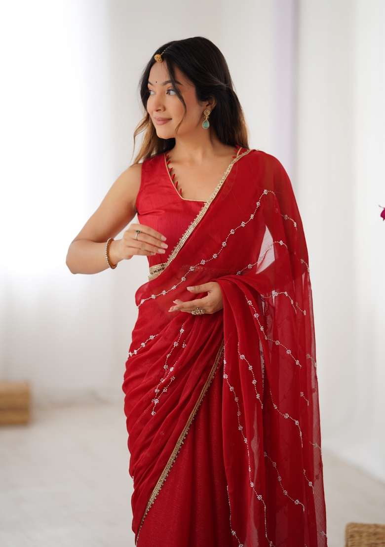 Red Embroidered Sitara Chiffon Saree Set - Indya
