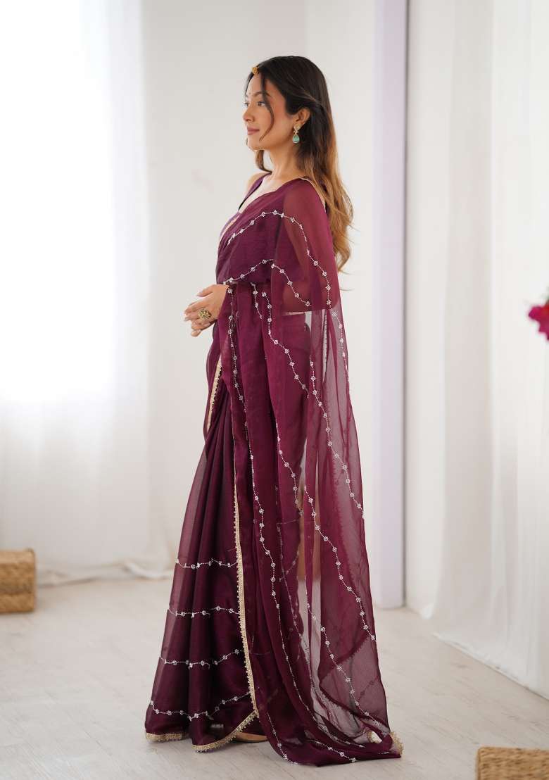 Wine Embroidered Sitara Chiffon Saree Set - Indya