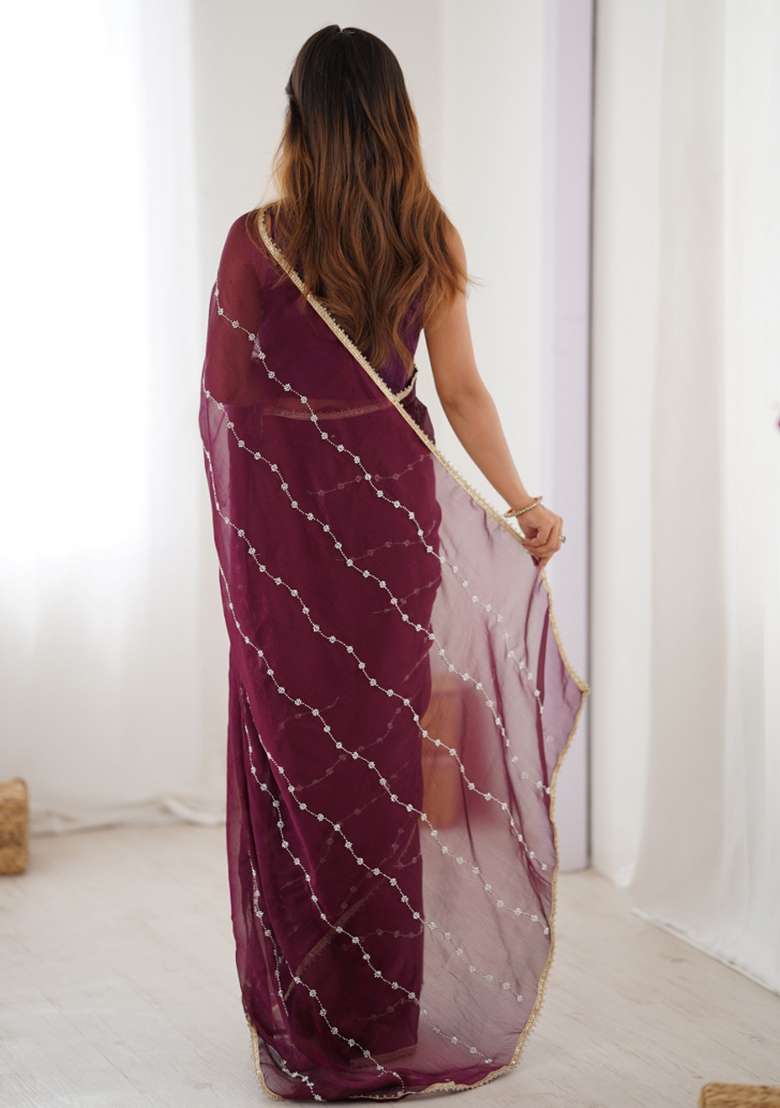 Wine Embroidered Sitara Chiffon Saree Set - Indya