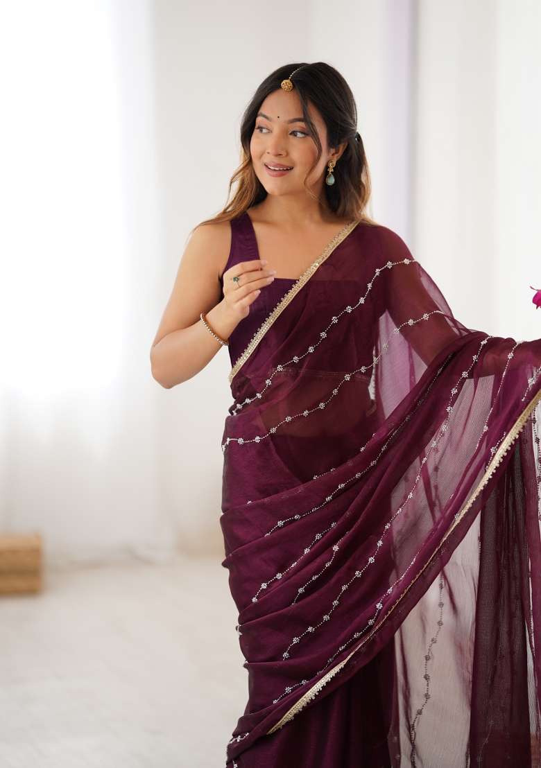 Wine Embroidered Sitara Chiffon Saree Set - Indya