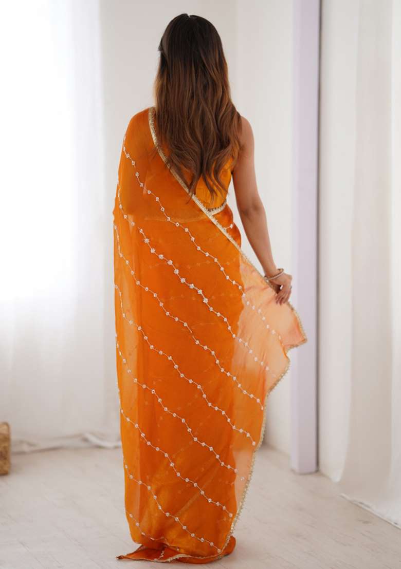 Yellow Embroidered Sitara Chiffon Saree Set - Indya
