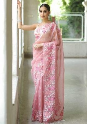 Pink Embroidered Organza Saree Set