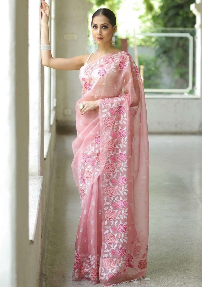 Pink Embroidered Organza Saree Set - Indya