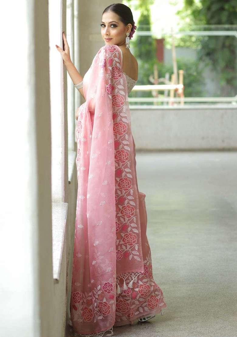Pink Embroidered Organza Saree Set - Indya
