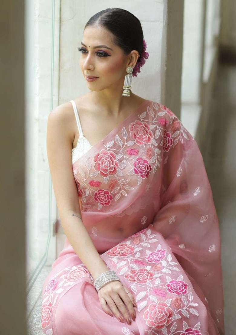 Pink Embroidered Organza Saree Set - Indya