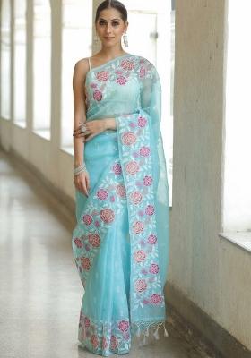 Blue Embroidered Organza Saree Set