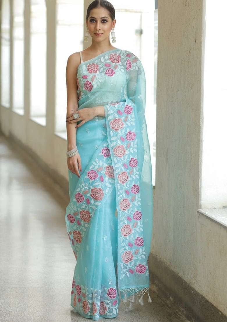 Blue Embroidered Organza Saree Set - Indya