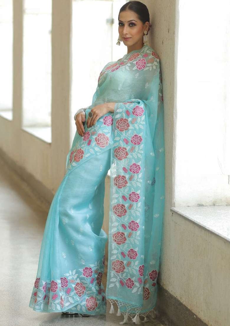 Blue Embroidered Organza Saree Set - Indya