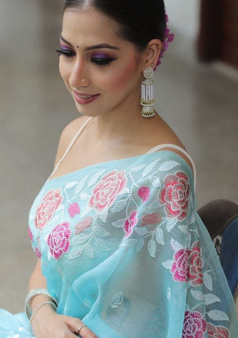 Blue Embroidered Organza Saree Set - Indya