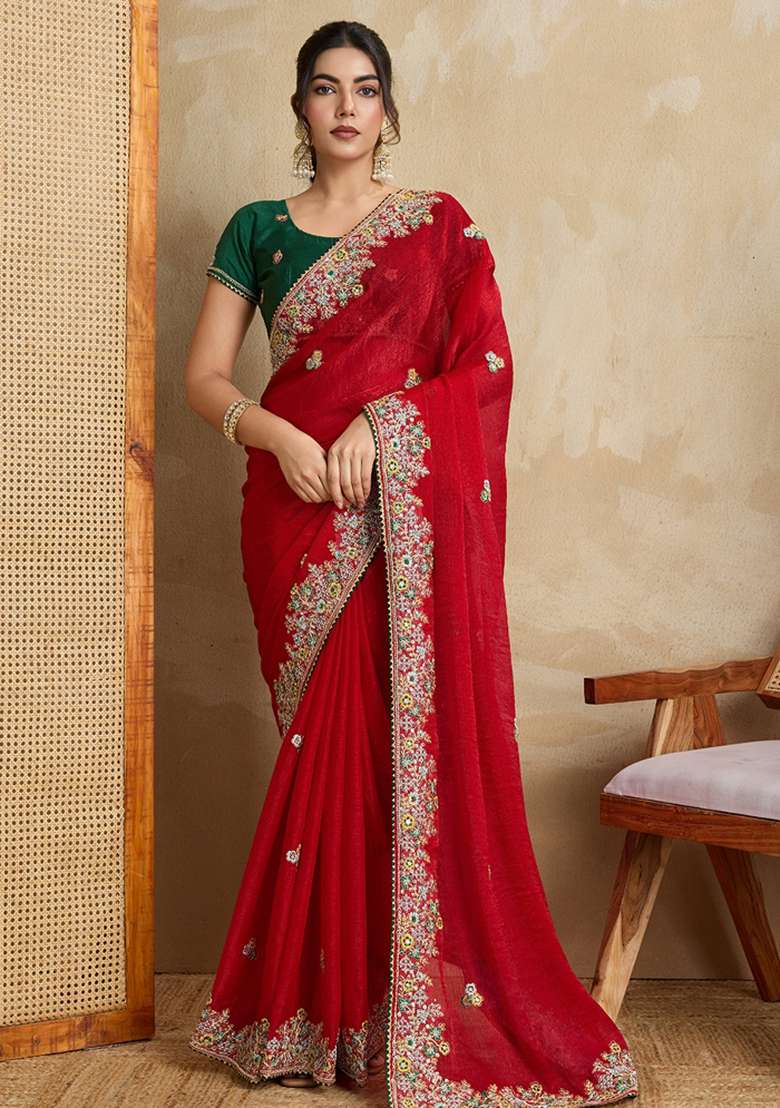 Red Embroidered Frendy Chiffon Saree Set - Indya