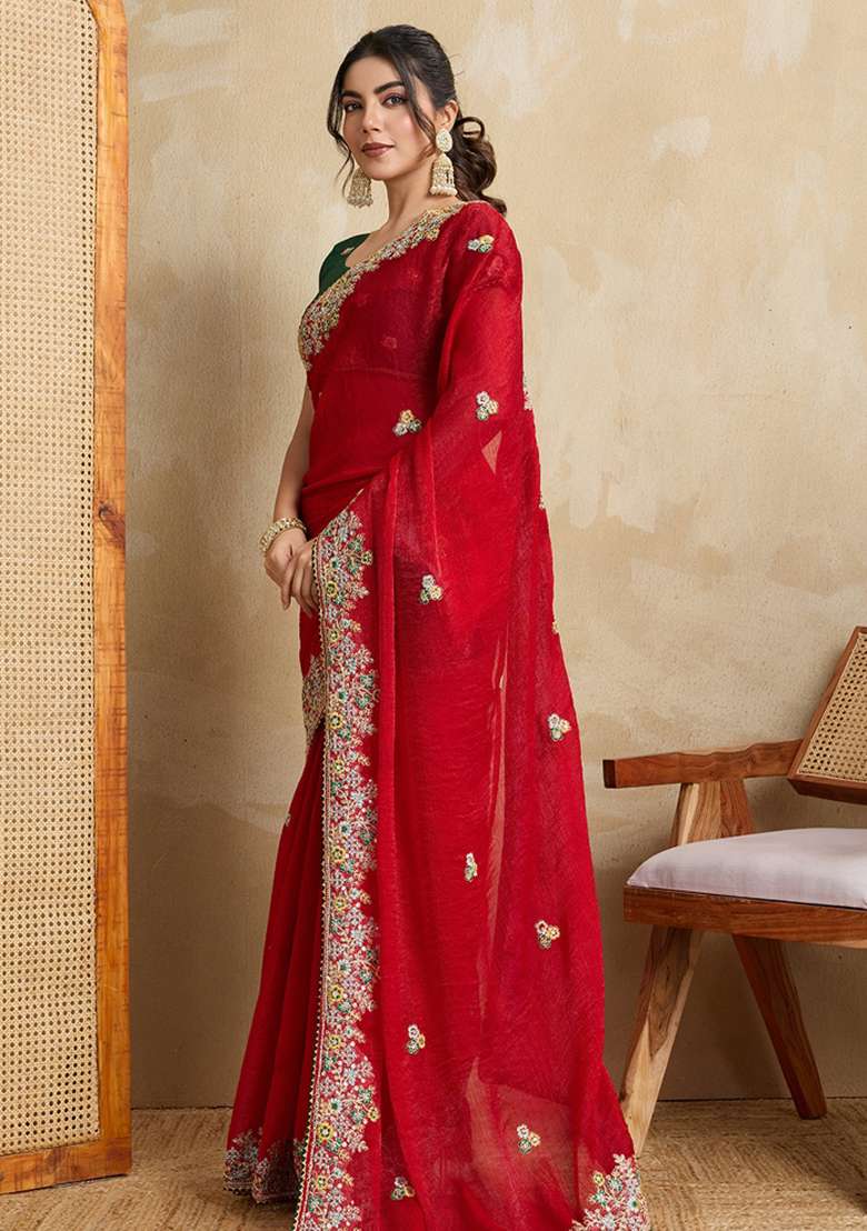 Red Embroidered Frendy Chiffon Saree Set - Indya