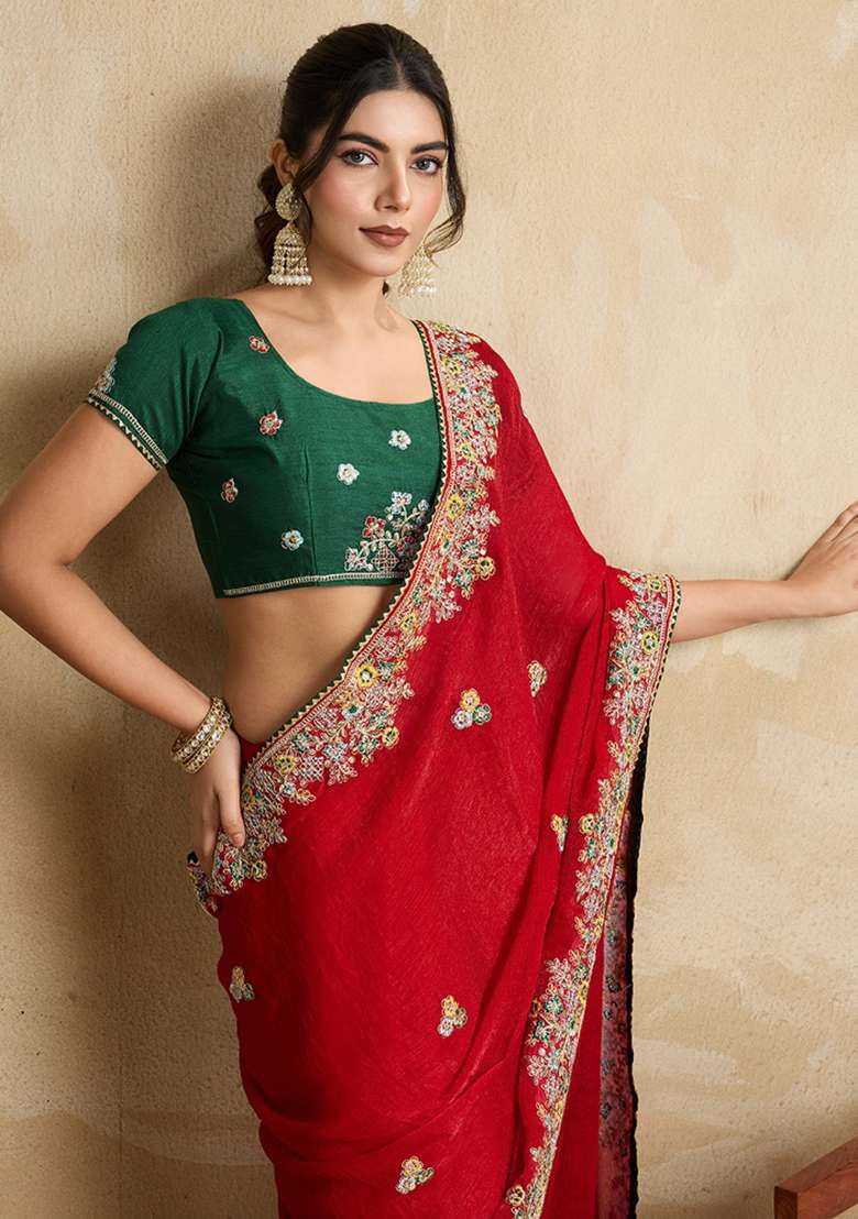 Red Embroidered Frendy Chiffon Saree Set - Indya