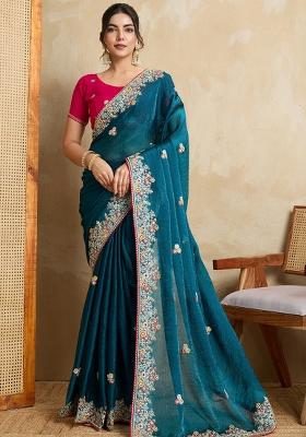 Blue Embroidered Frendy Chiffon Saree Set
