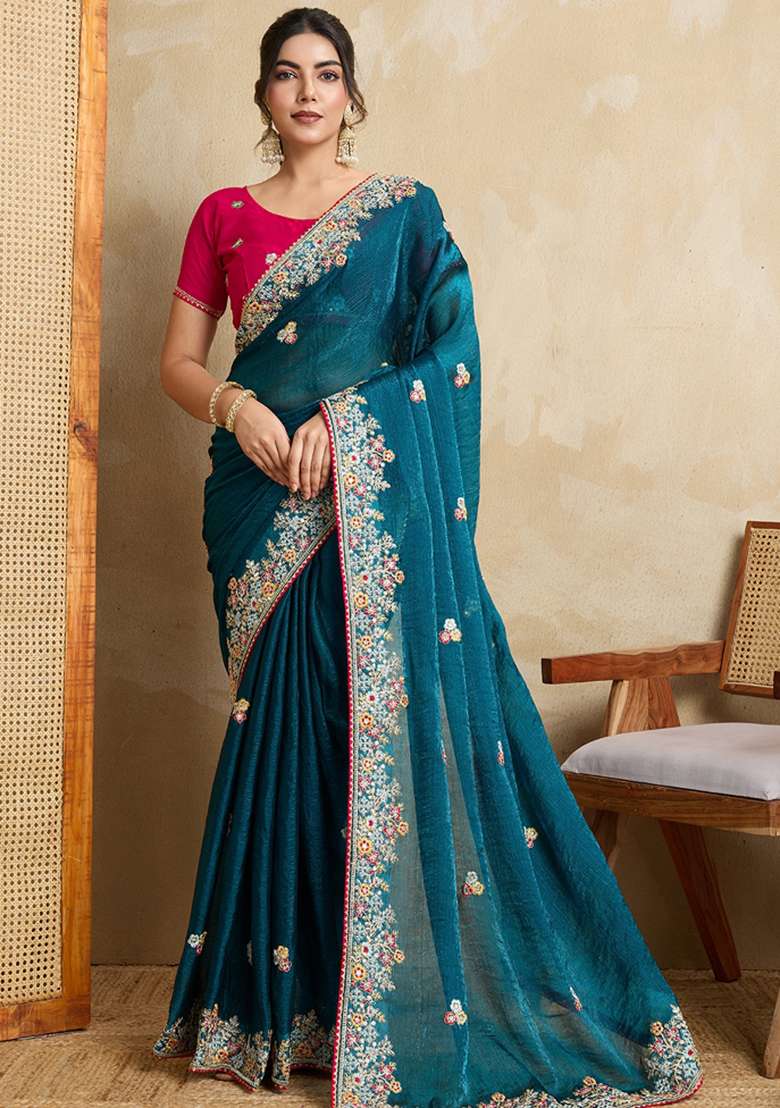 Blue Embroidered Frendy Chiffon Saree Set - Indya