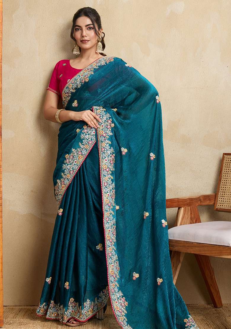 Blue Embroidered Frendy Chiffon Saree Set - Indya