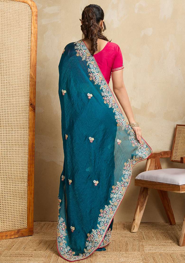 Blue Embroidered Frendy Chiffon Saree Set - Indya